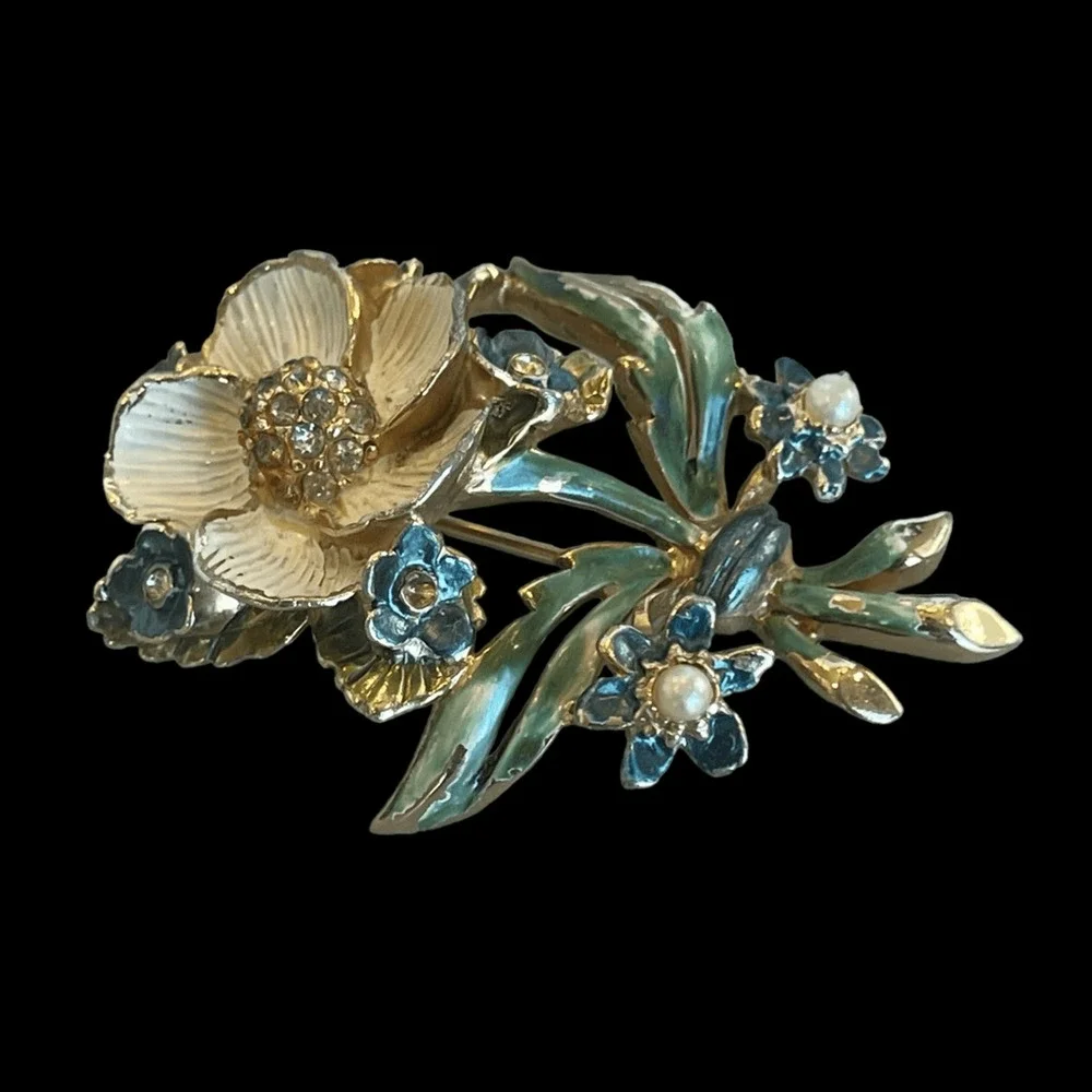 RARE 1940’s Signed Reja Flower Rhinestone Pearl Brooch Pin